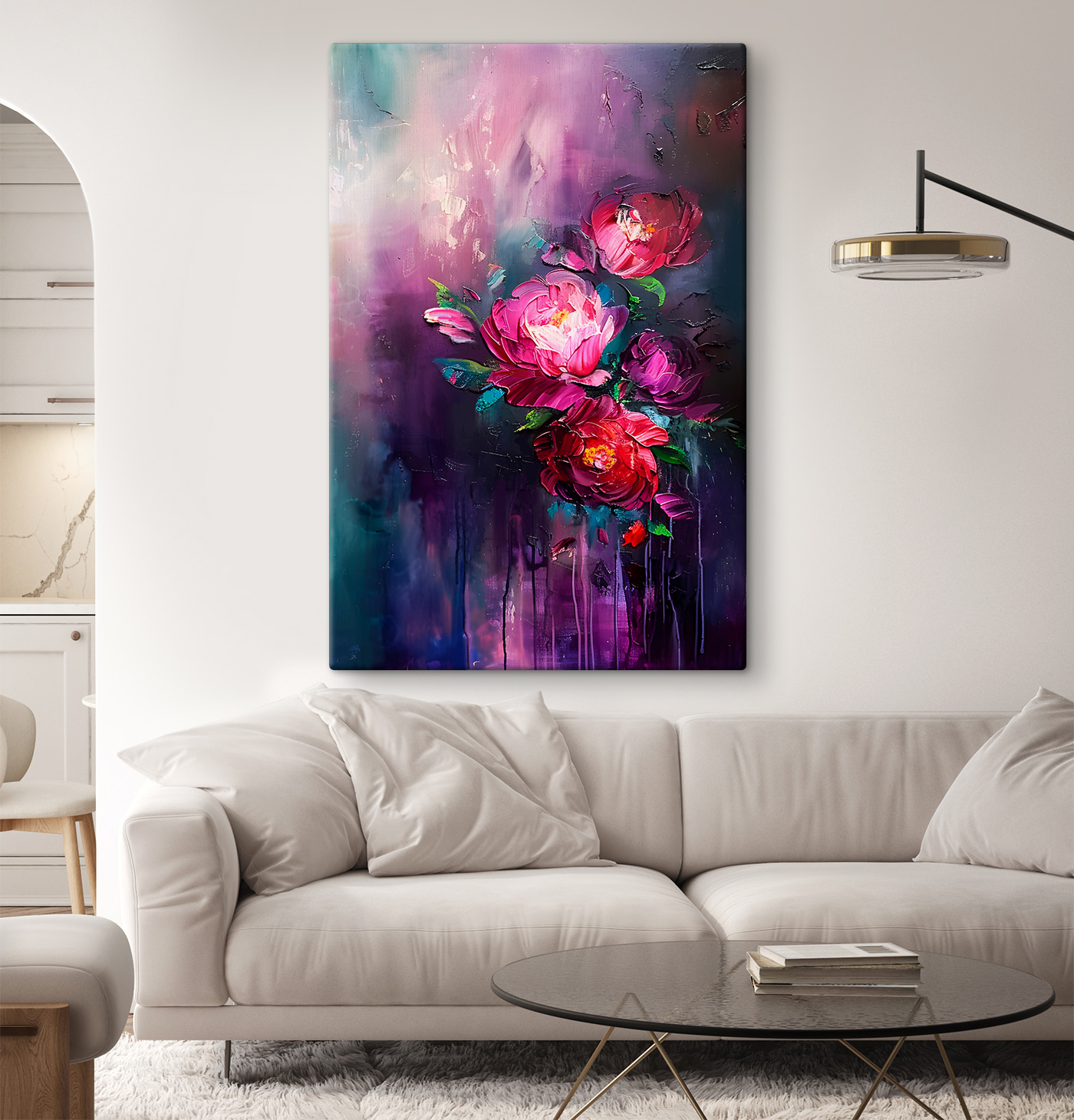 A painting of flowers on a purple background