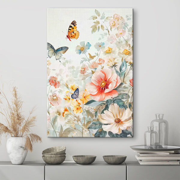 A painting of flowers and butterflies A painting of flowers and butterflies
