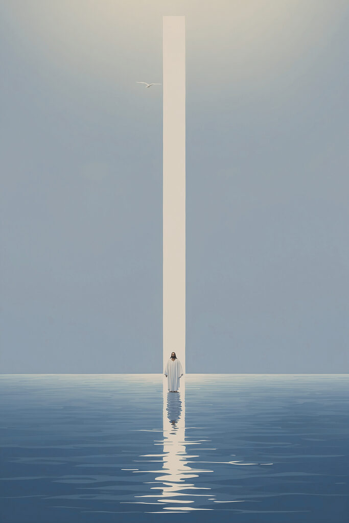 A person standing in water with a light beam