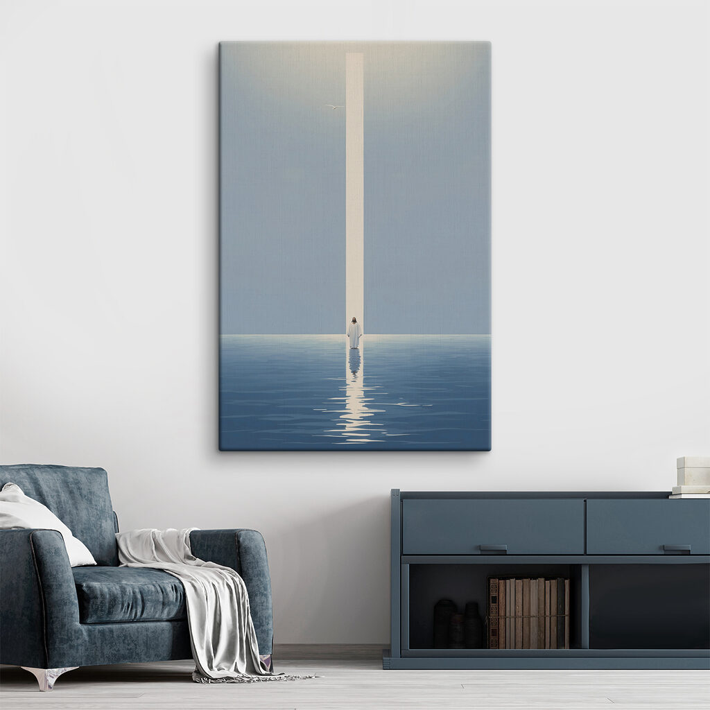 A person standing in water with a light beam