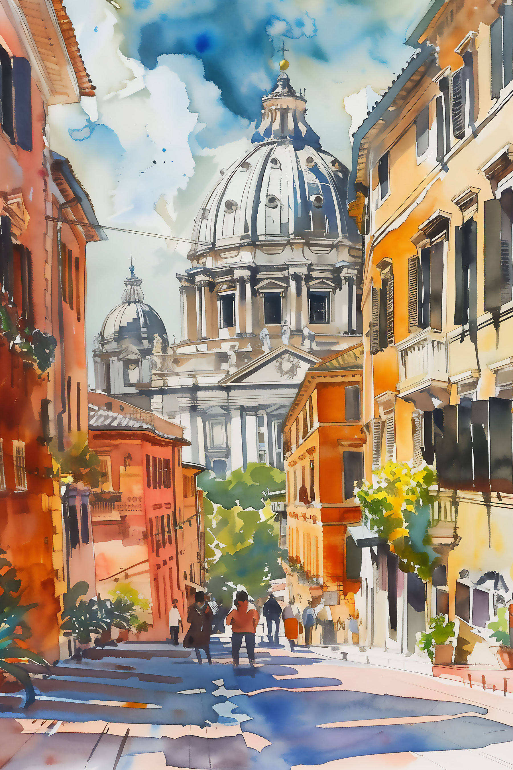 A watercolor painting of a street with buildings and a dome