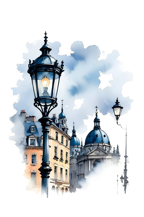 A street lamp with blue domes and buildings in the background