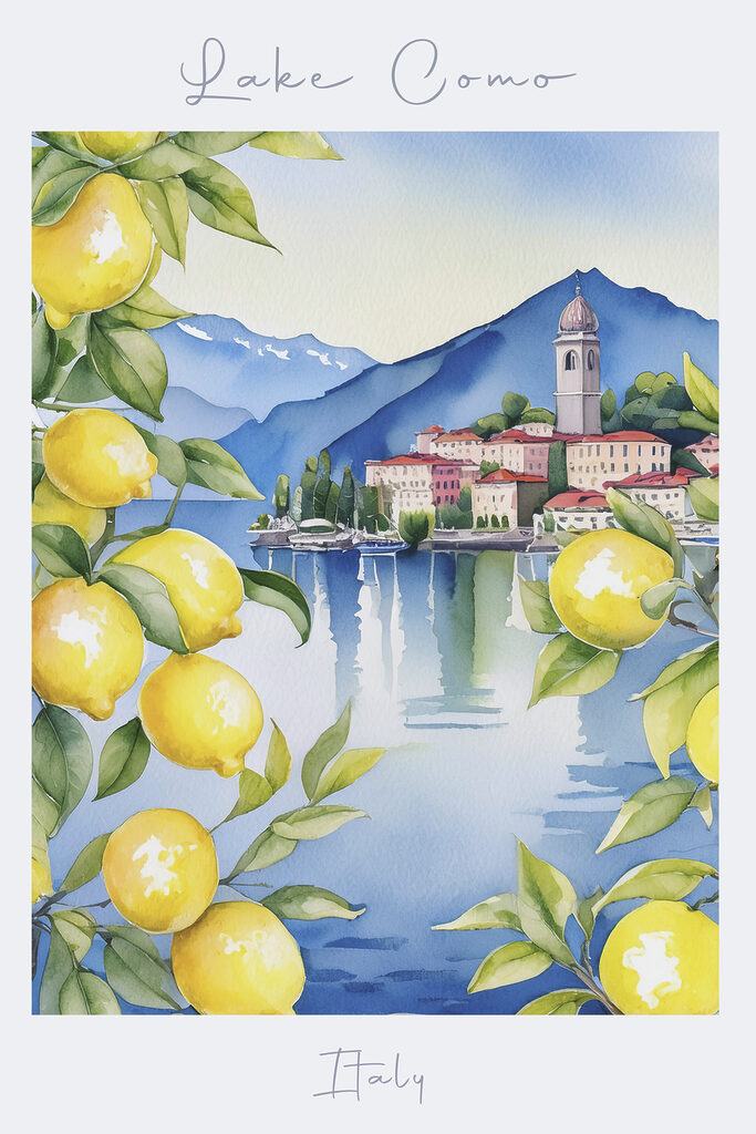 Watercolor painting of a city and mountains with yellow lemons