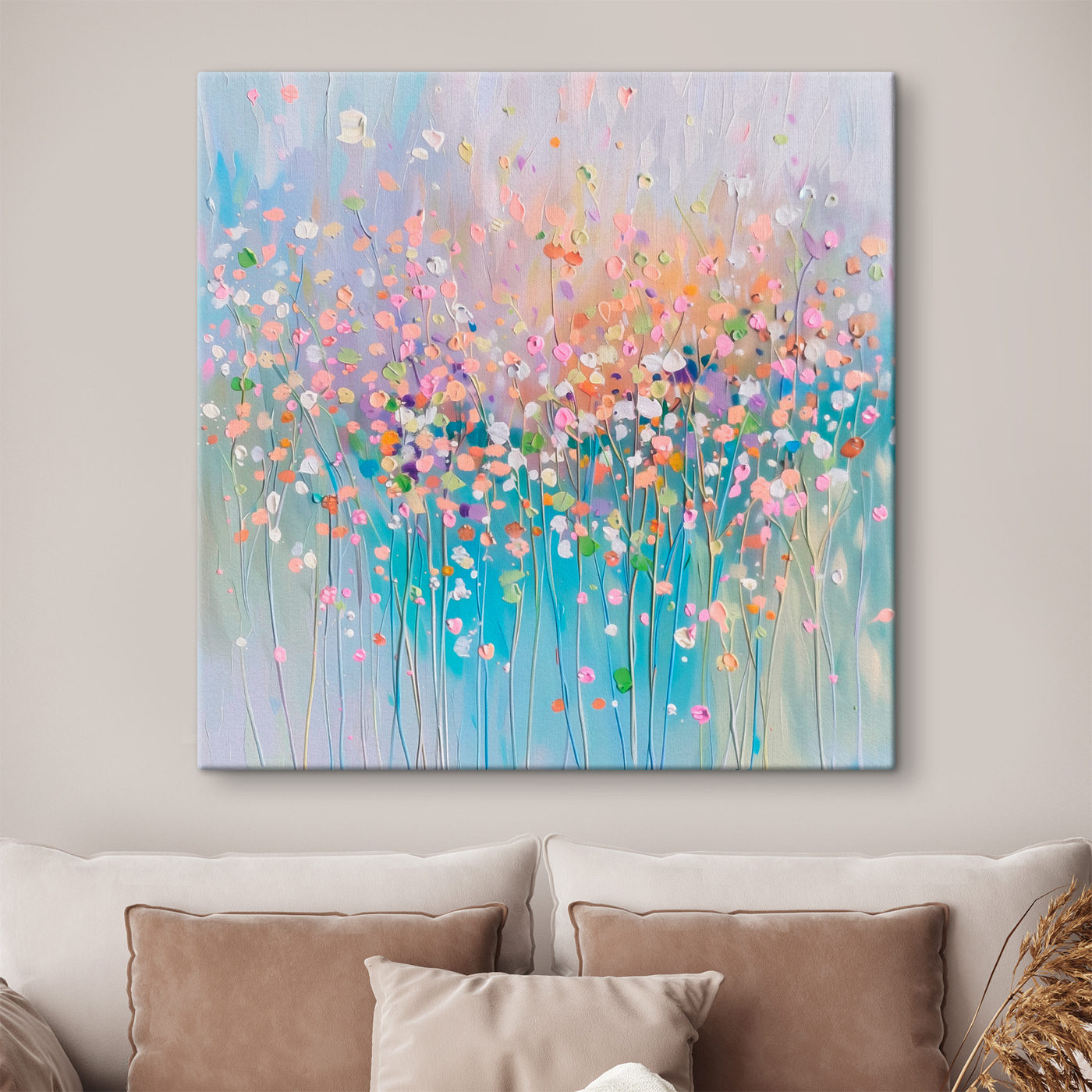 A painting of flowers on a blue background