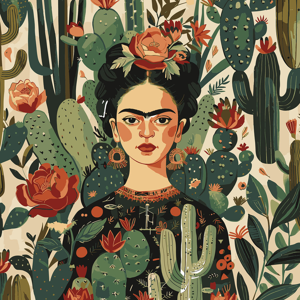 A painting of a woman with cactuses