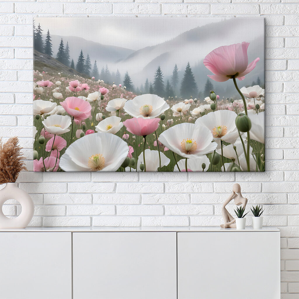 A field of pink and white flowers