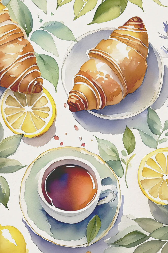 Watercolor of a croissant and a cup of tea