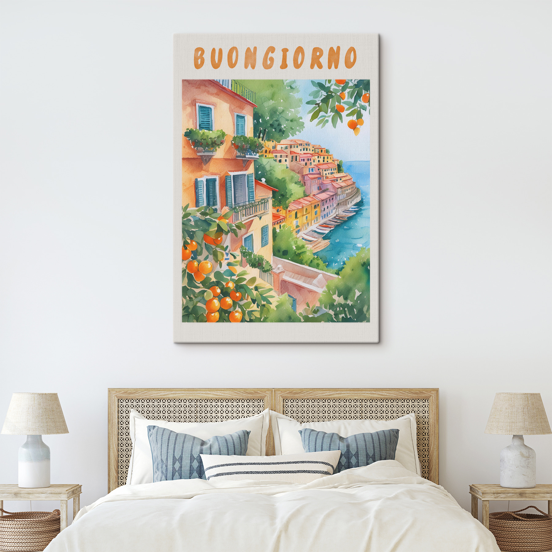 Watercolor painting of a town by the water