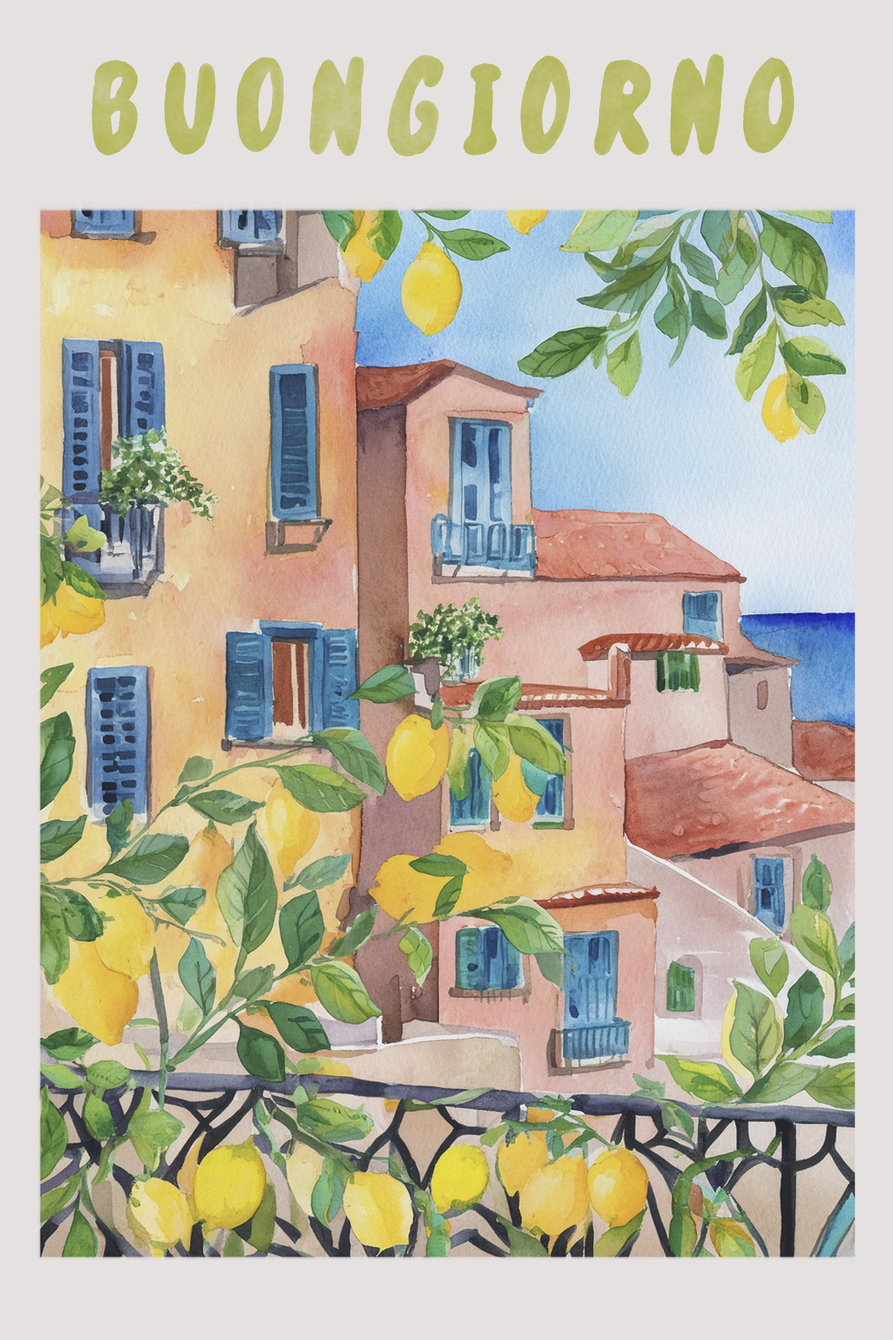 Watercolor painting of buildings and lemons on a sunny day