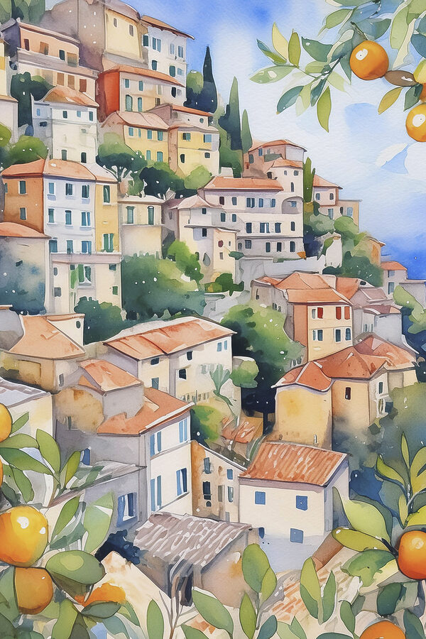 Watercolor painting of a city with oranges Watercolor painting of a city with oranges
