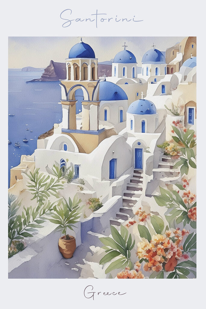 A painting of a white building with blue domes A painting of a white building with blue domes