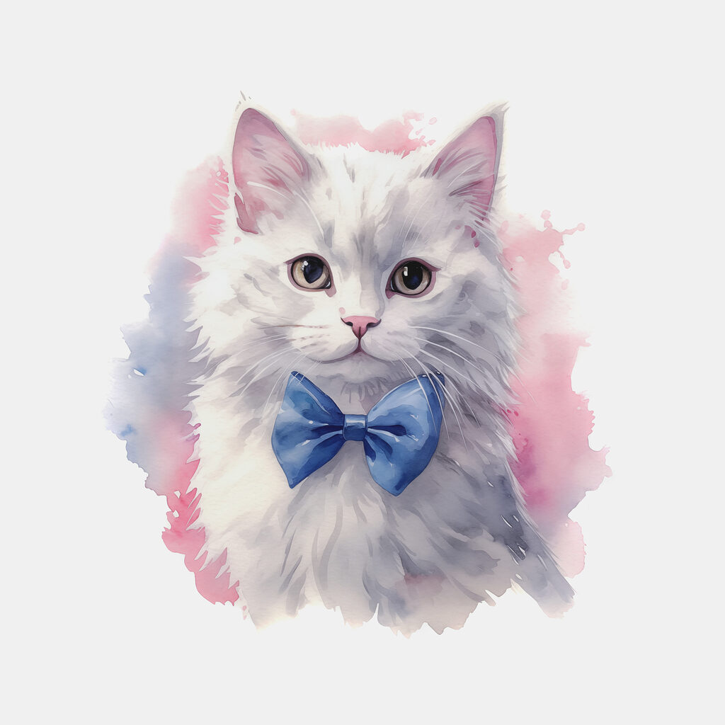 A watercolor of a cat wearing a bow tie