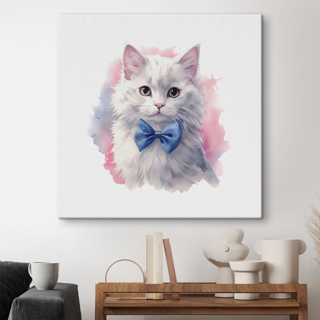 A watercolor of a cat wearing a bow tie