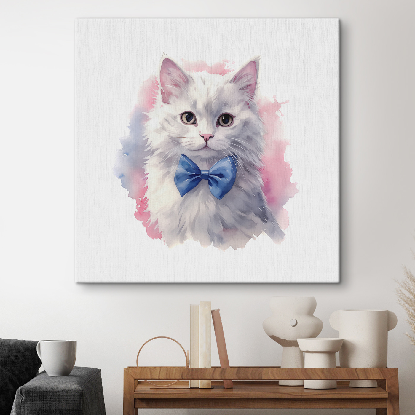 A watercolor of a cat wearing a bow tie