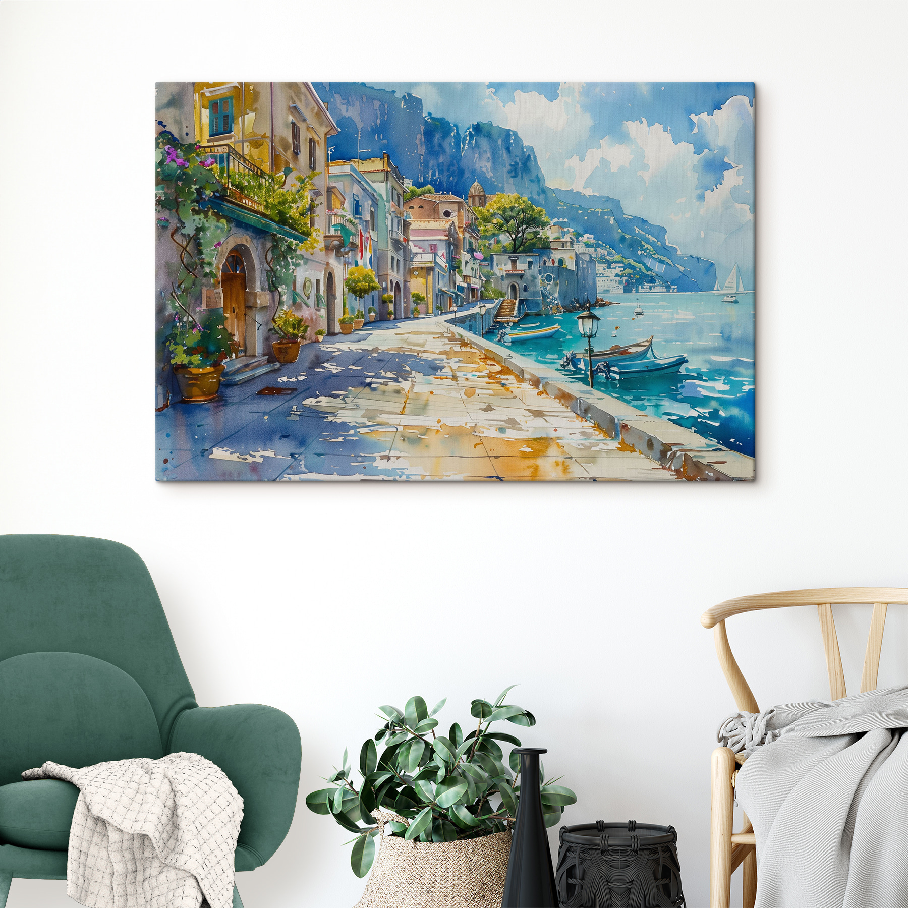 Watercolor of a city along a body of water Watercolor of a city along a body of water
