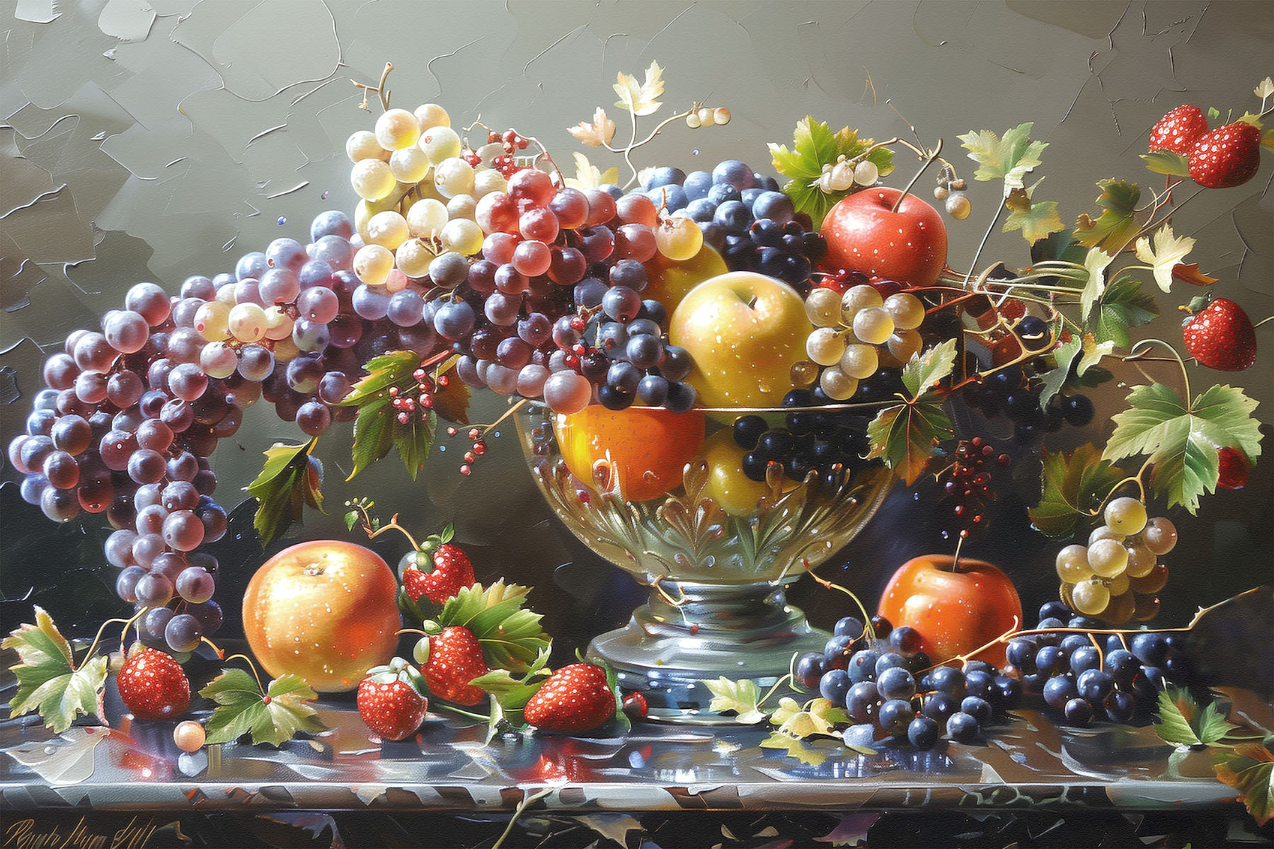 A painting of fruit in a bowl