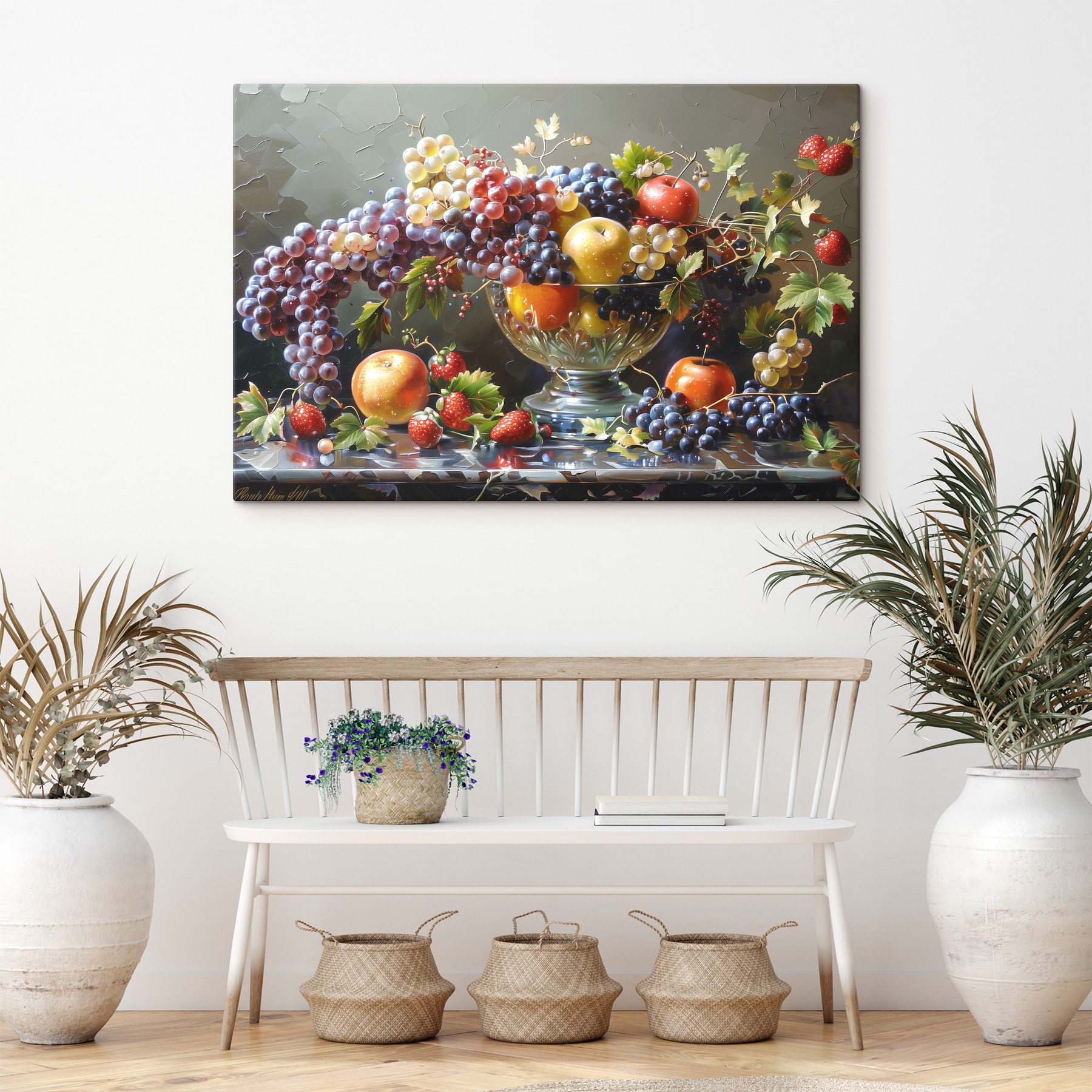 A painting of fruit in a bowl A painting of fruit in a bowl