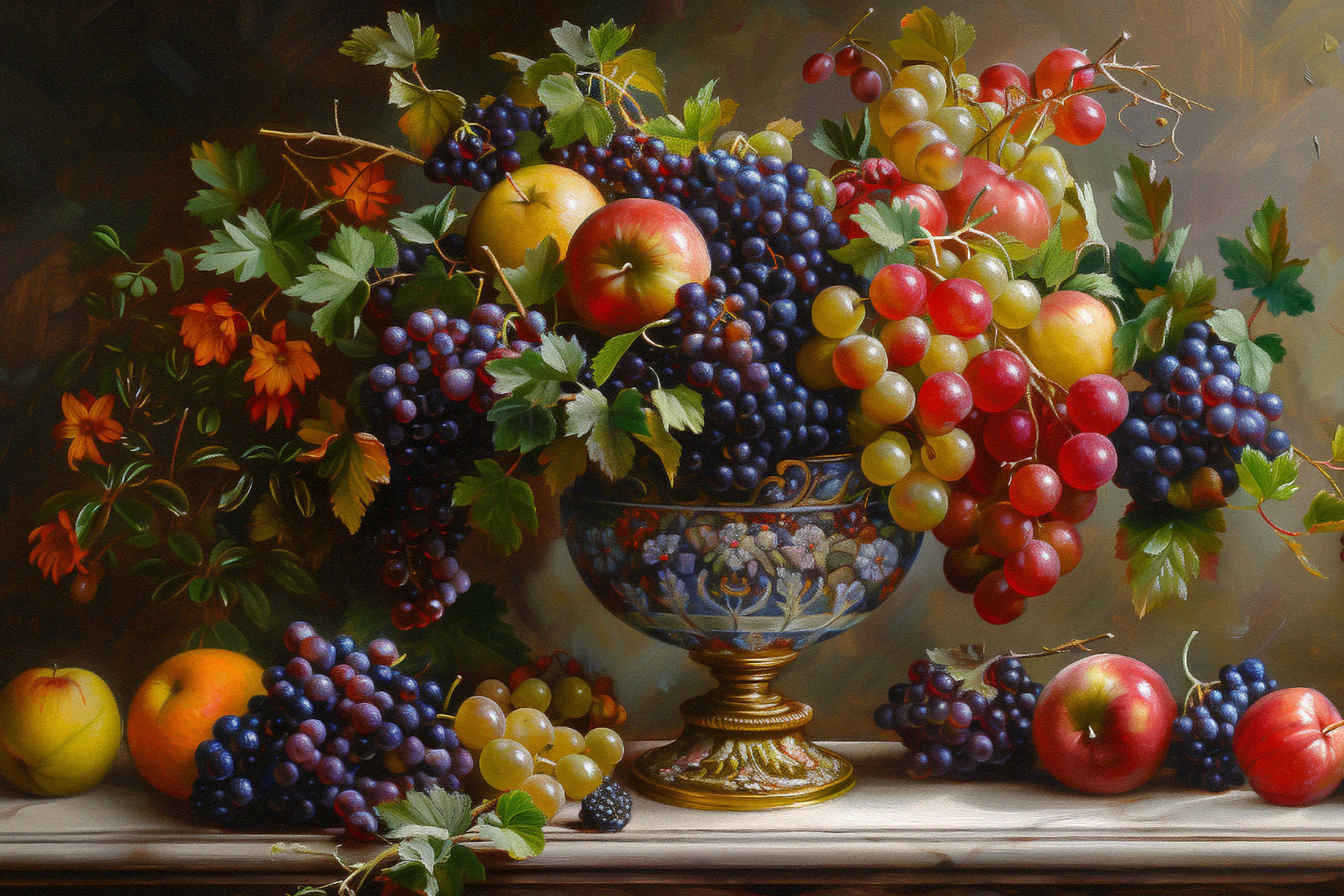 A painting of fruit in a vase