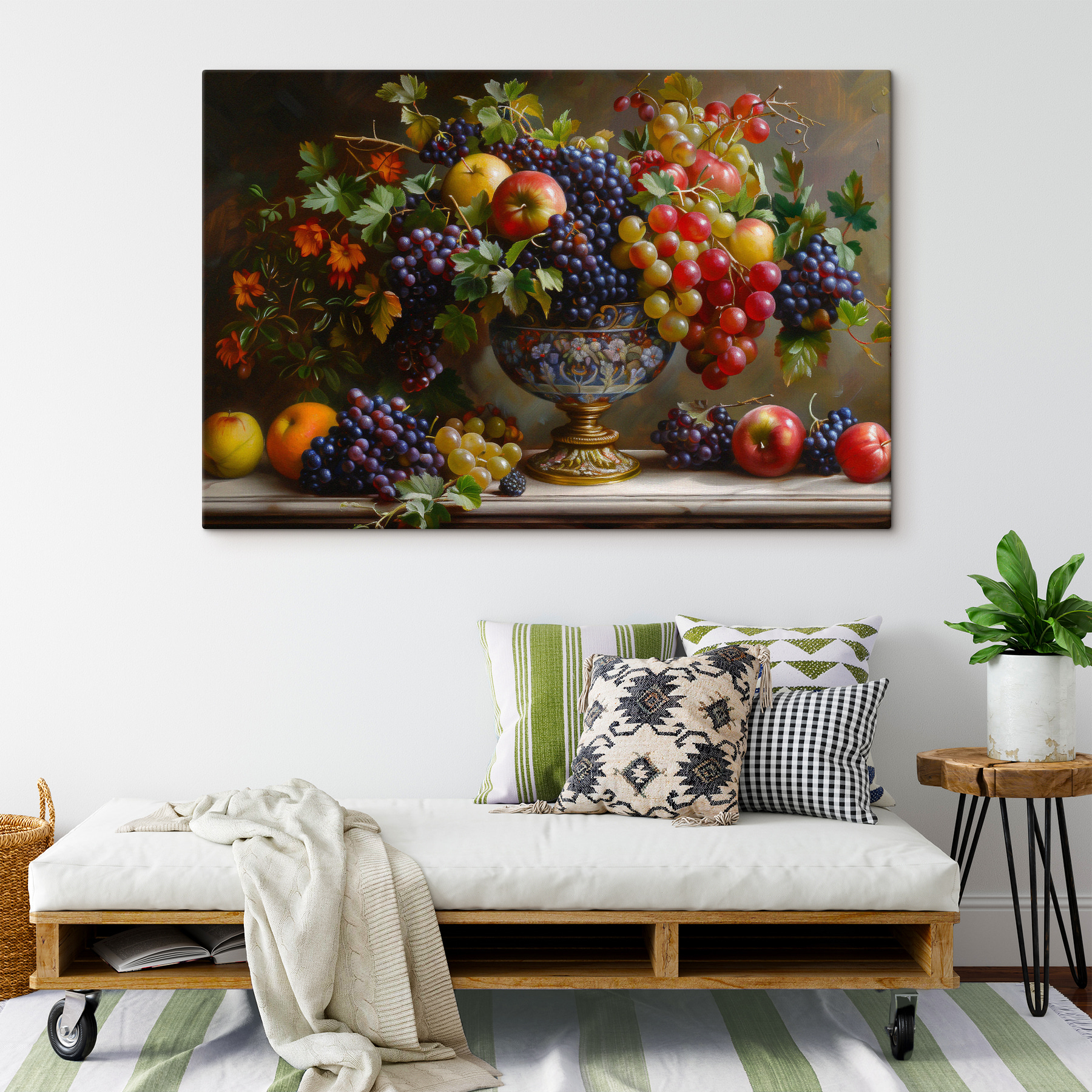 A painting of fruit in a vase