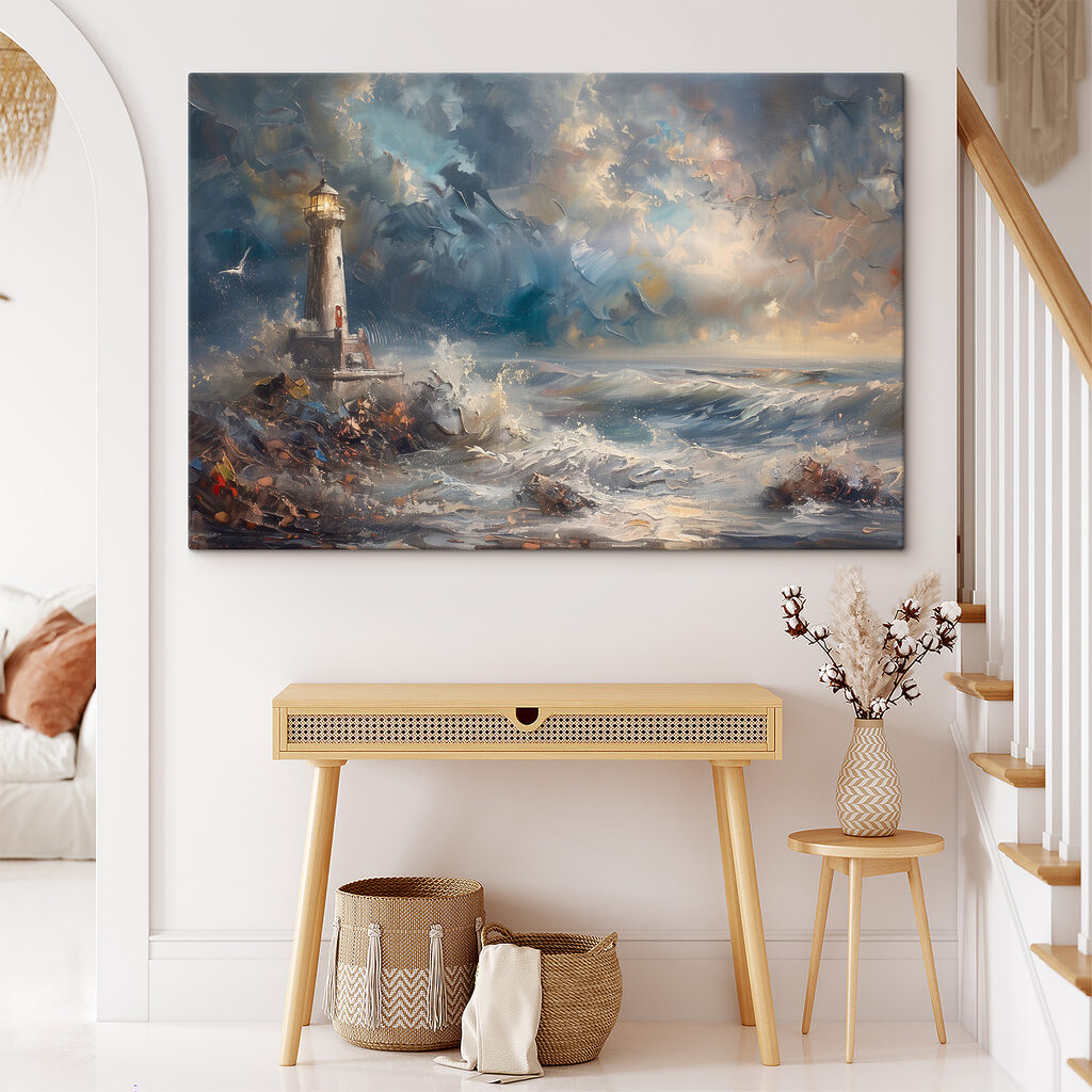 A painting of a lighthouse in the ocean