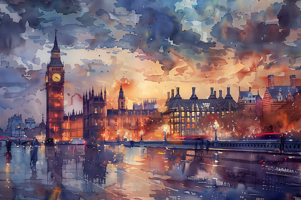 A watercolor painting of a city with a clock tower and a river