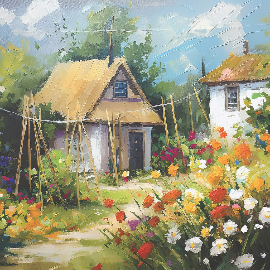 A painting of a house with flowers