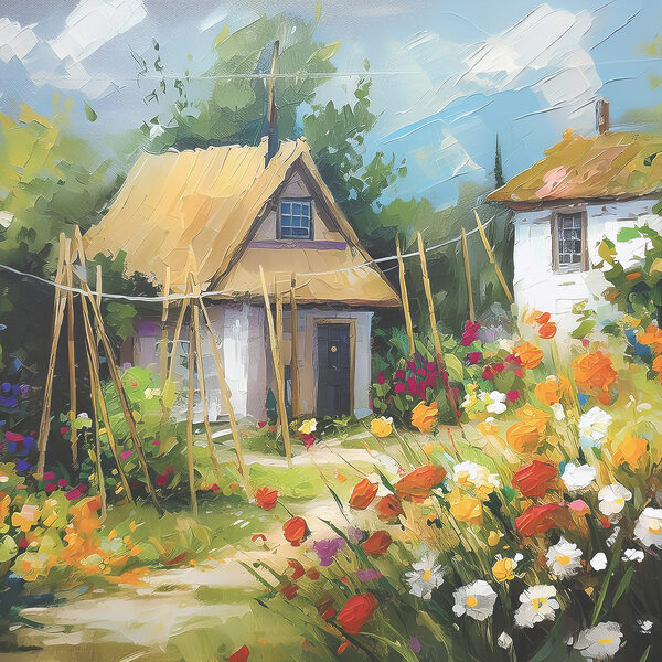 Obraz domu s květinami Obraz domu s květinami