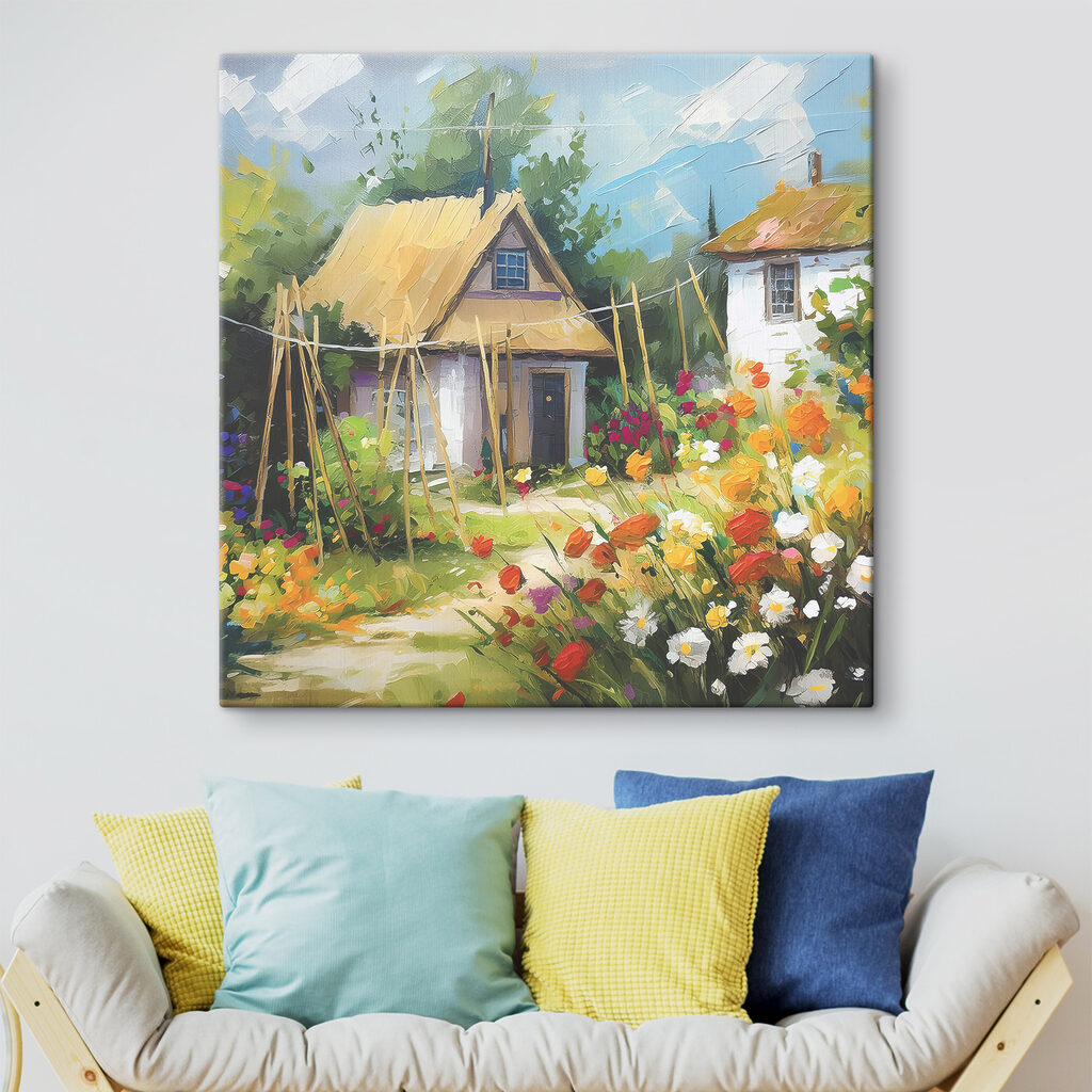 A painting of a house with flowers