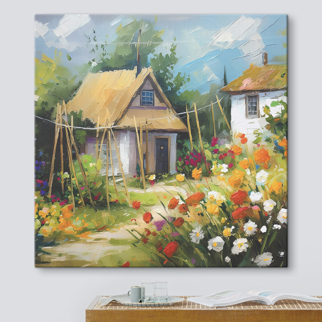 A painting of a house with flowers