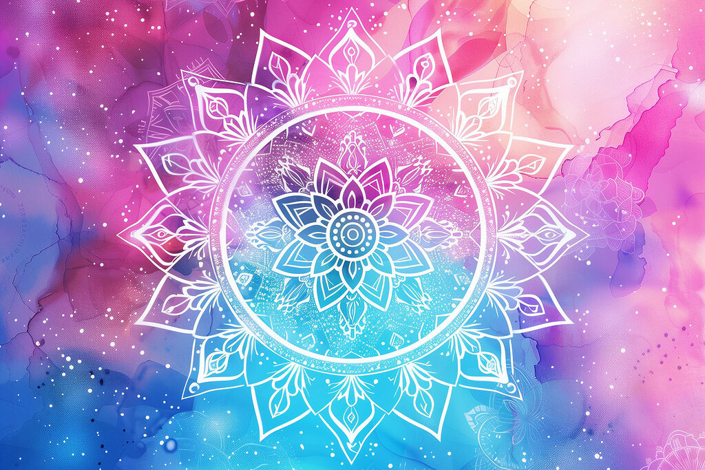 A white mandala on a colorful background