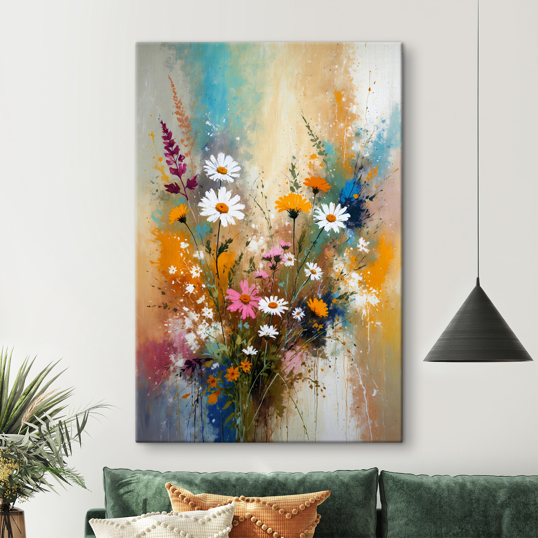 A painting of flowers and leaves