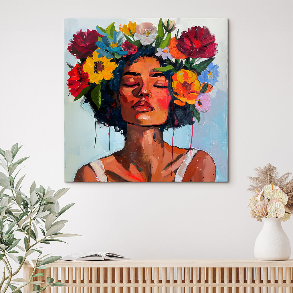 A painting of a woman with flowers in her hair