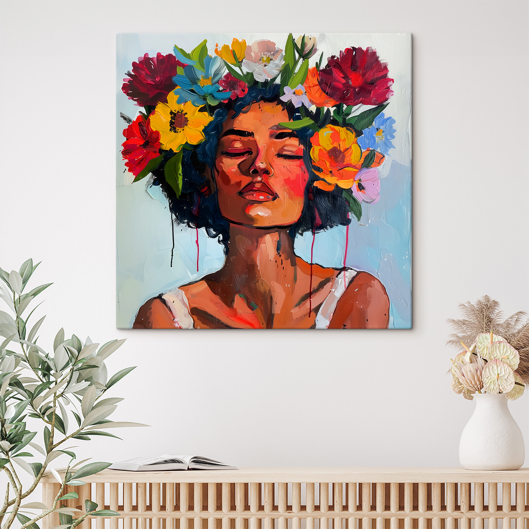 A painting of a woman with flowers in her hair