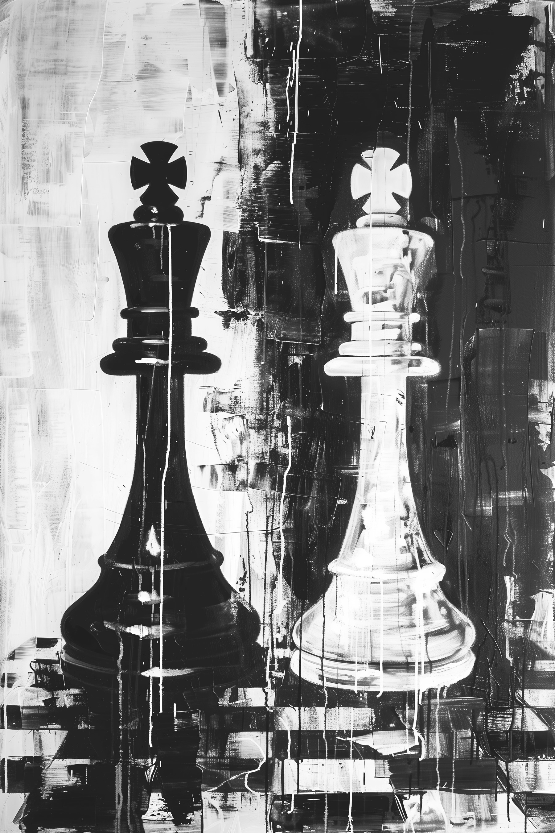 A black and white painting of a chess piece