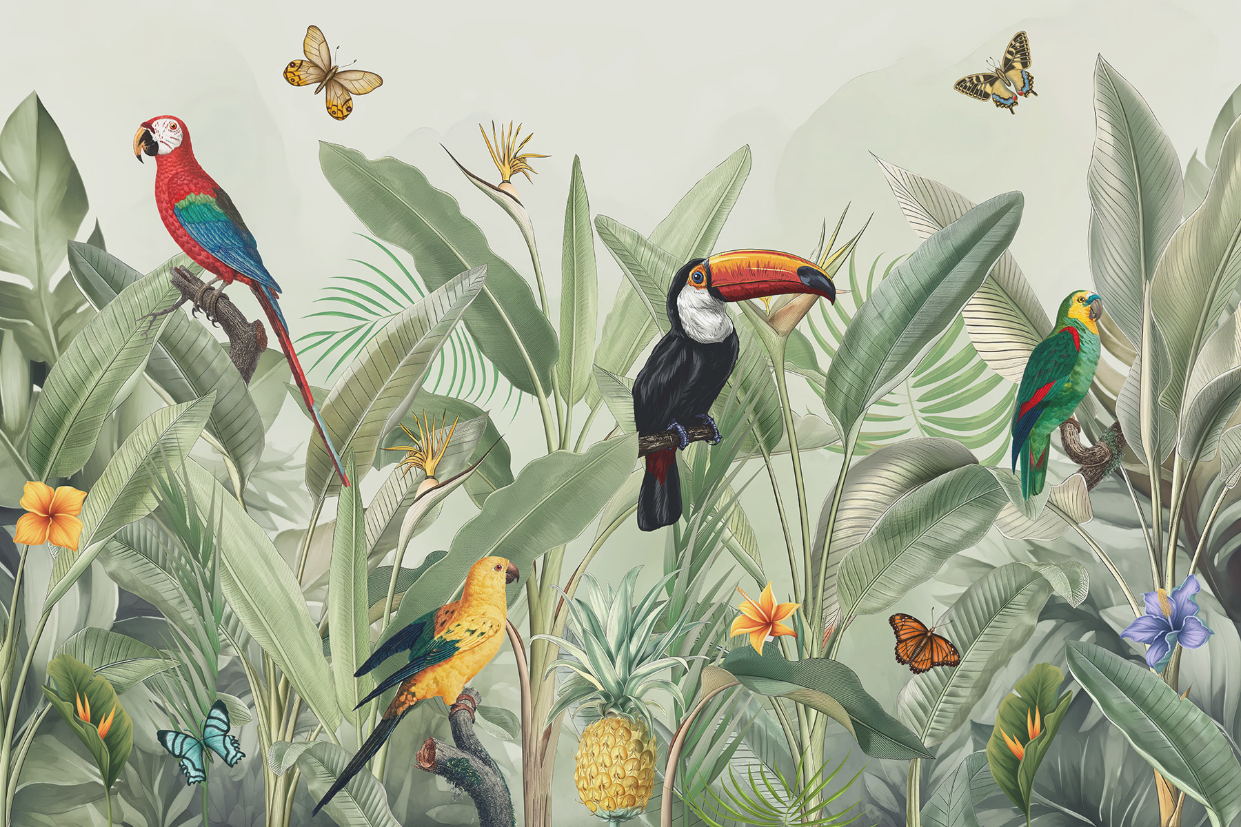 A wallpaper with birds and butterflies