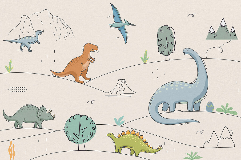 Kresba dinosaurů a hor Kresba dinosaurů a hor