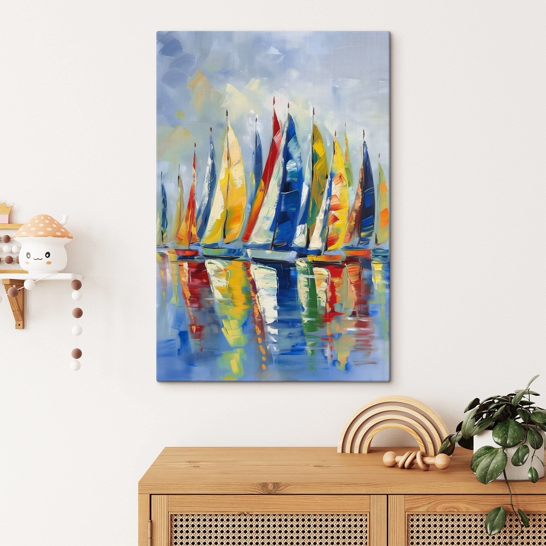 A painting of sailboats on water A painting of sailboats on water
