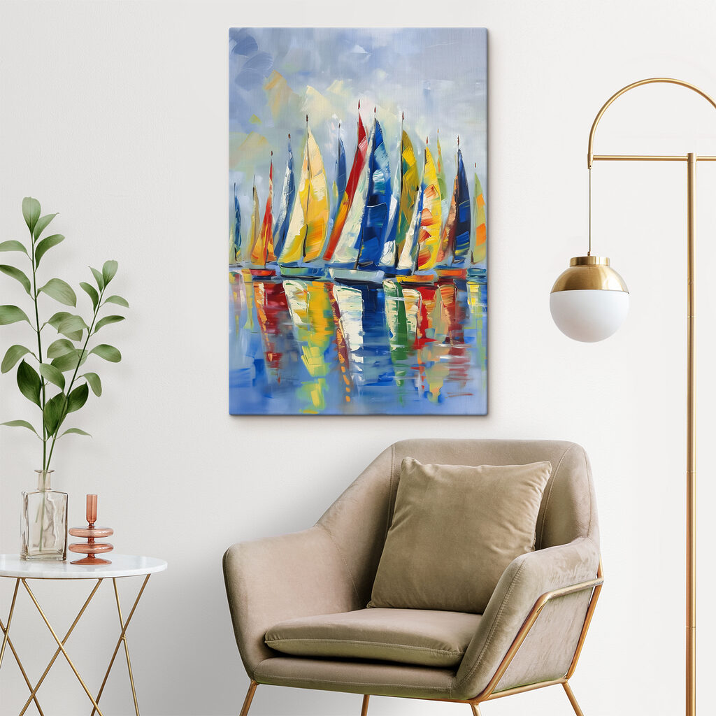 A painting of sailboats on water