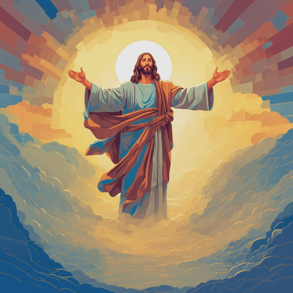 A painting of a man in a robe with his arms out in the air