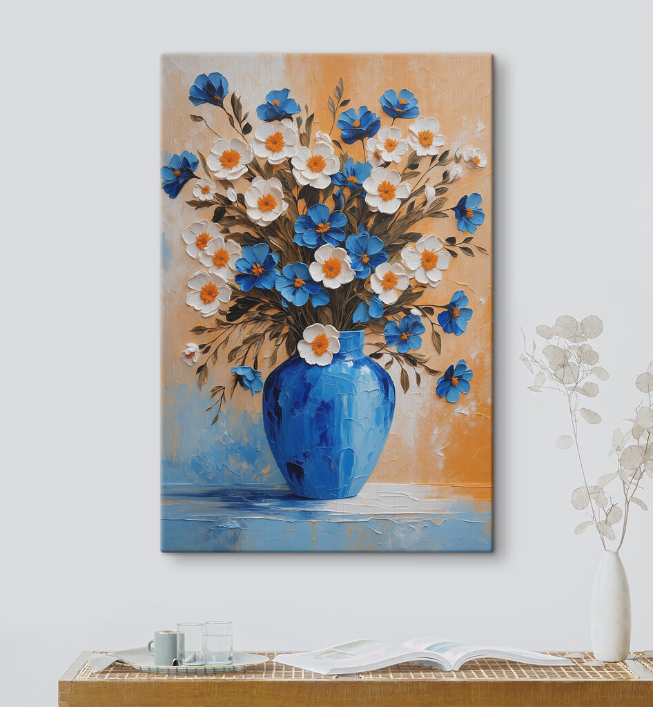A painting of flowers in a blue vase