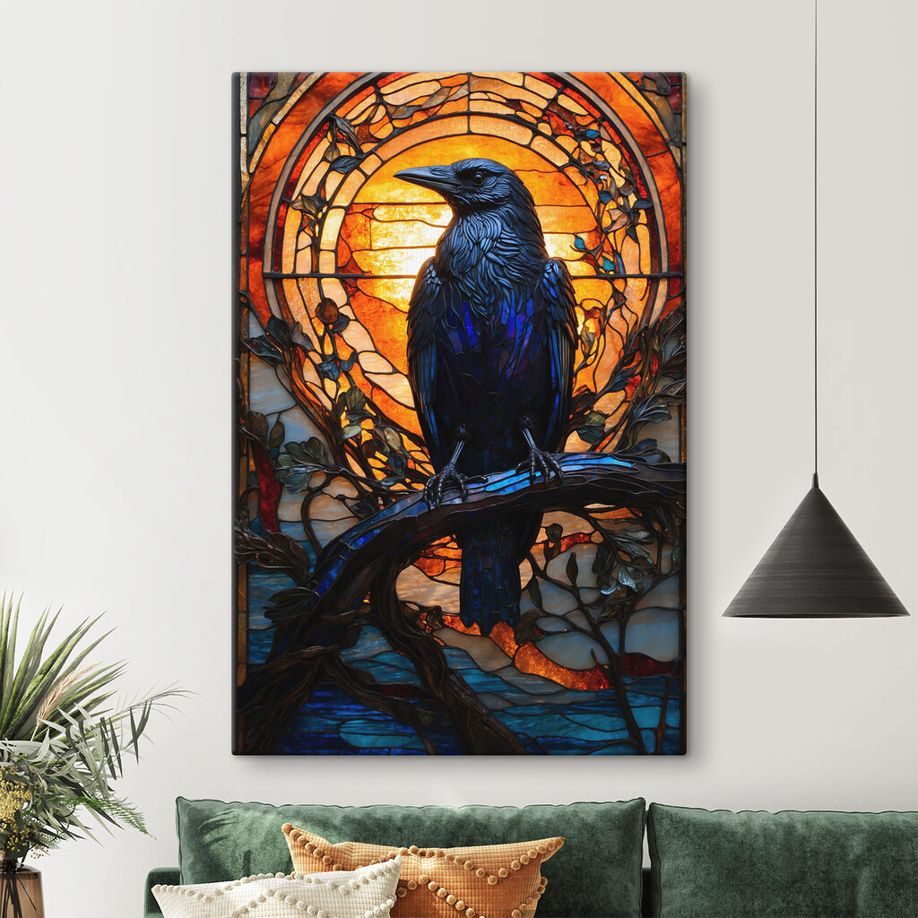 A stained glass window with a bird on a branch