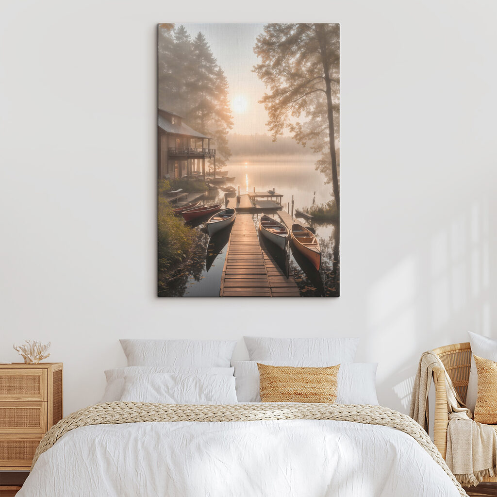 A dock with boats and a house on the water