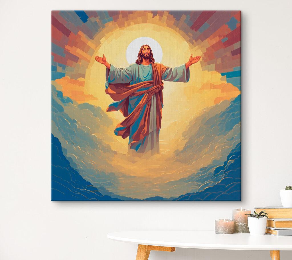 A painting of a man in a robe with his arms out in the air