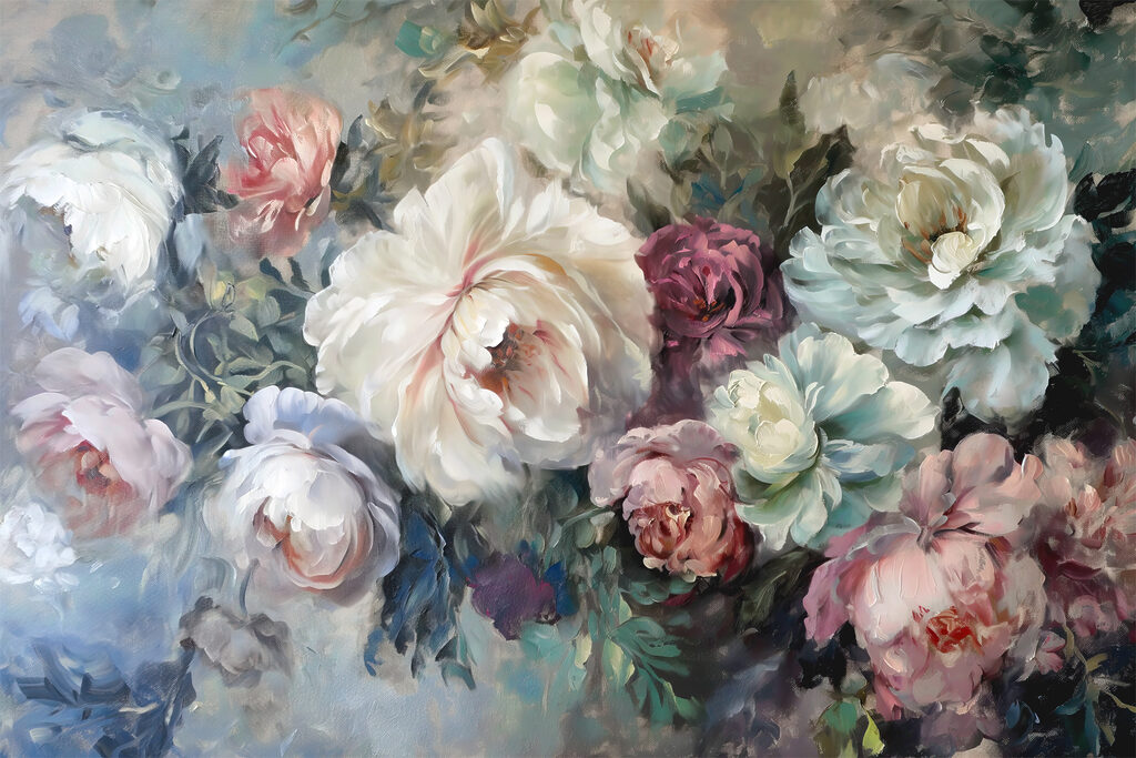 A painting of flowers on a blue background