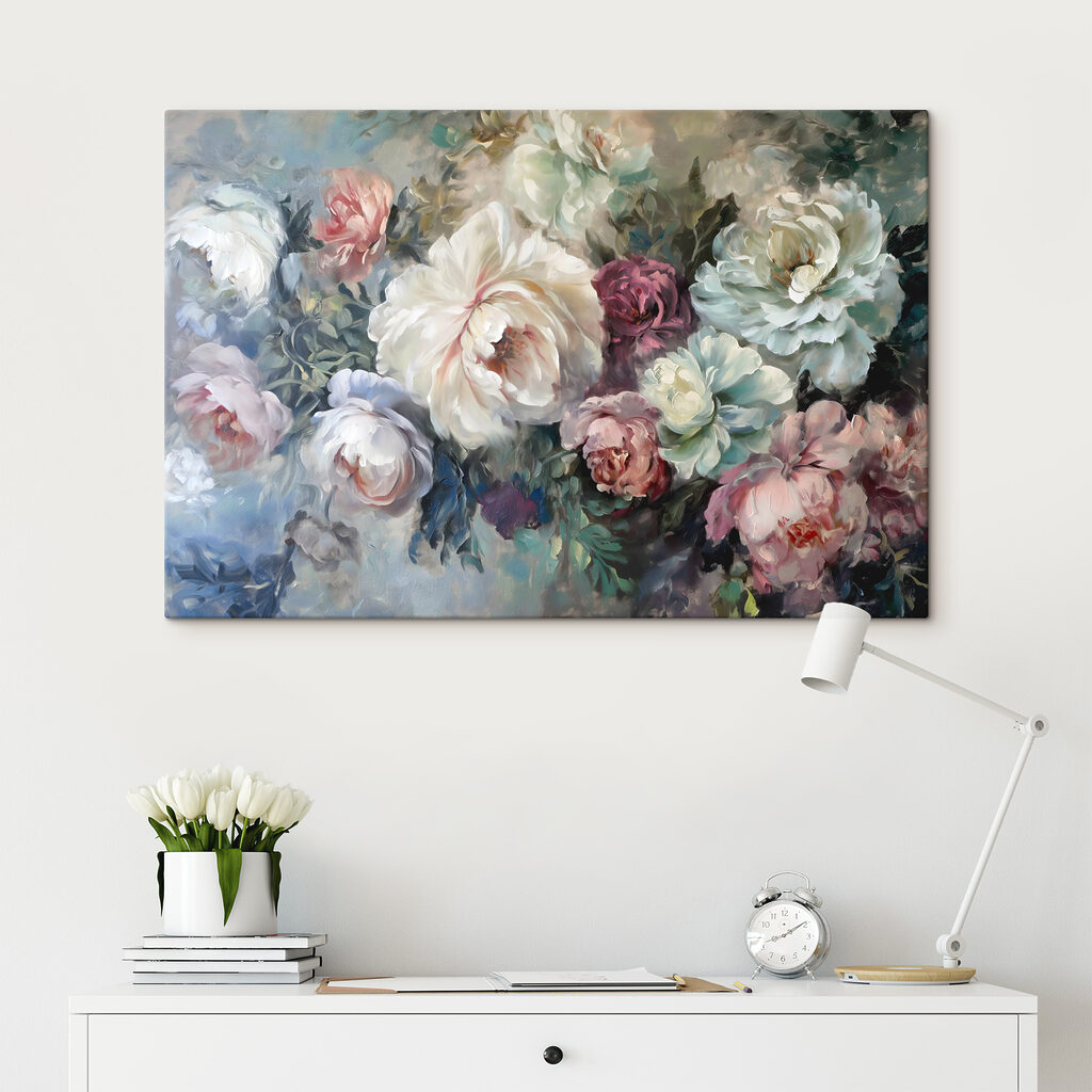 A painting of flowers on a blue background