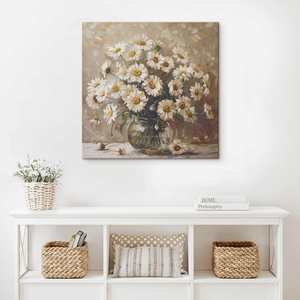 A painting of a vase of flowers