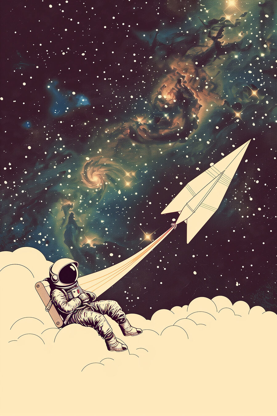 Astronaut sedící na mraku s papírovým letadlem na obloze