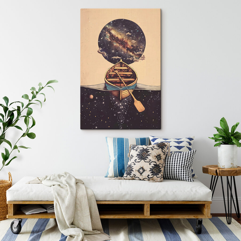 A boat in water with a circle in the background