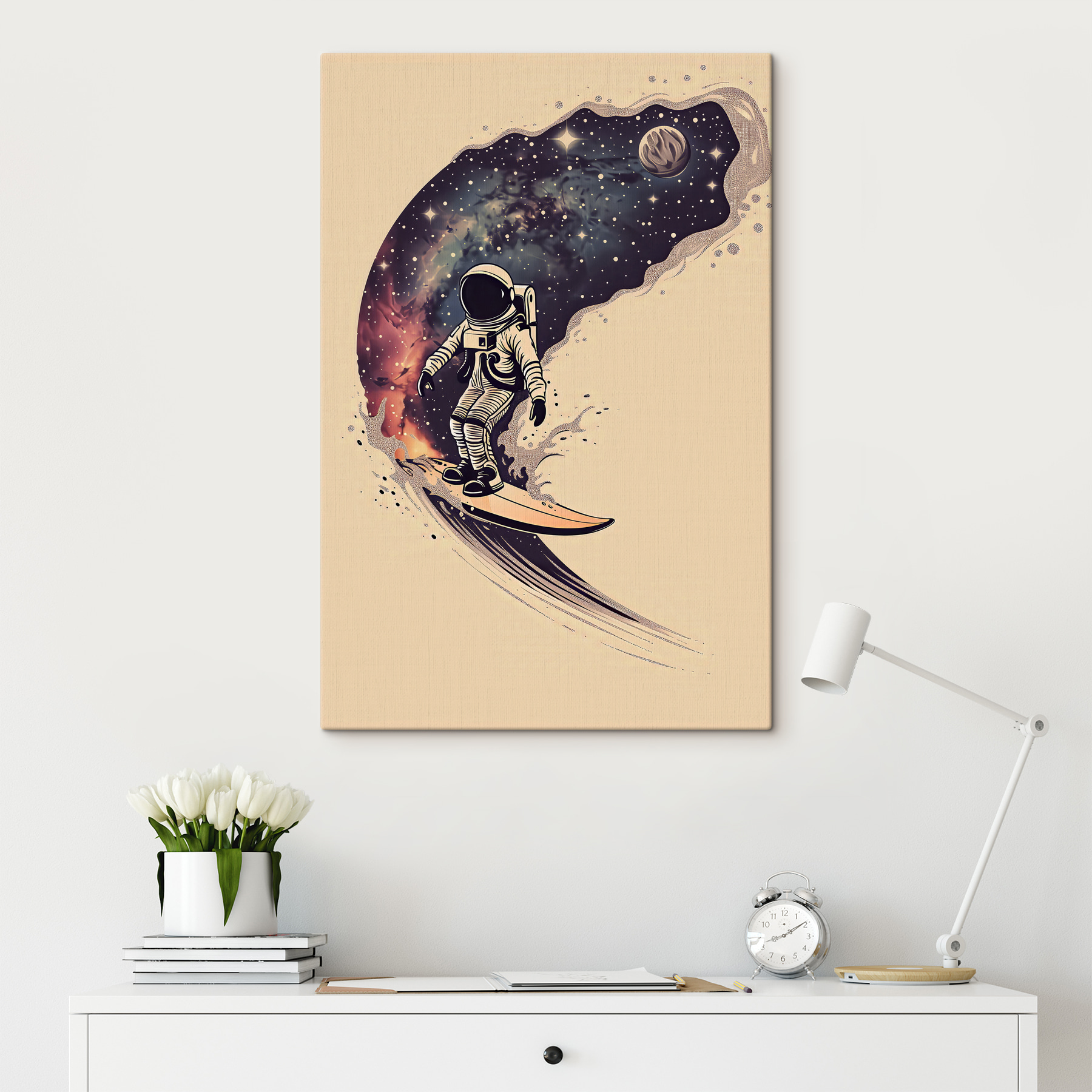 An astronaut riding a surfboard