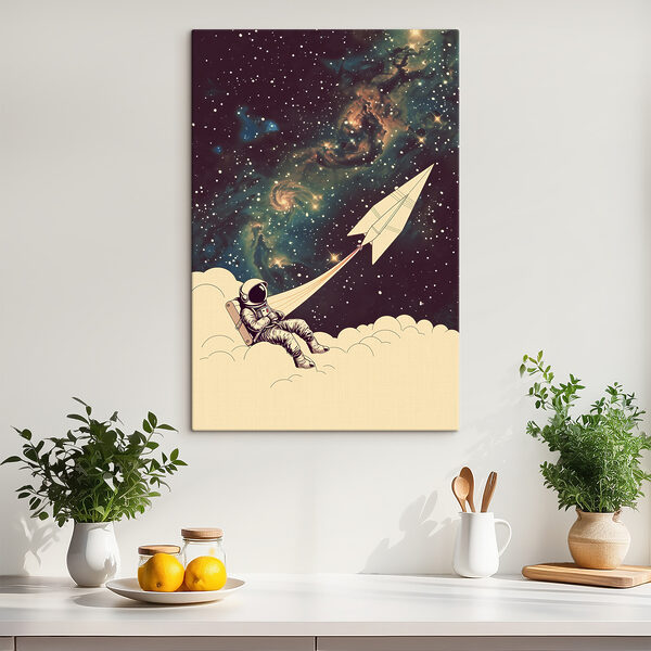 Astronaut sedící na mraku s papírovým letadlem na obloze Astronaut sedící na mraku s papírovým letadlem na obloze